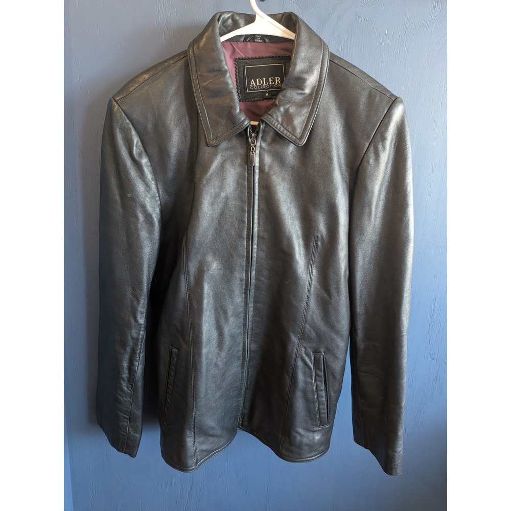 Adler Collection Black Leather Jacket Zip Front Burgundy Lining Womens Medium